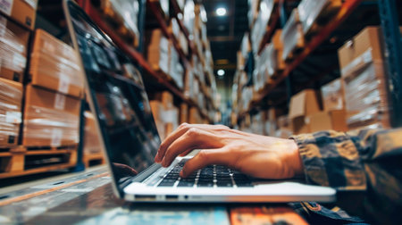 A warehouse worker diligently types on their laptop in a dimly lit warehouse, surrounded by rows of stacked boxes.の素材