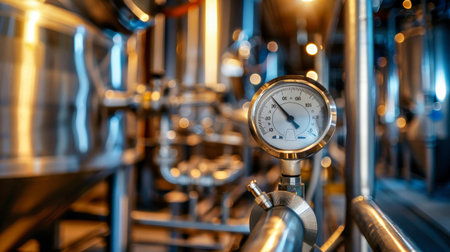 A temperature sensor, attached to a large stainless steel tank, gauges the temperature inside a bustling brewery.の素材