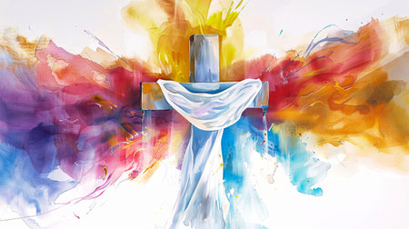 An abstract watercolor painting of an Easter cross with a white cloth draped over it, set against a background of vibrant colors.の素材