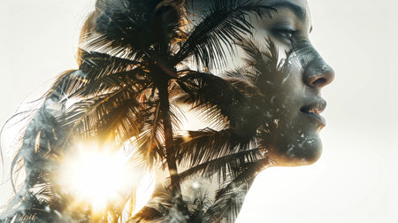 A double exposure photograph captures a womans profile silhouetted against palm trees with a warm sunset in the background.の素材