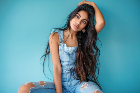 A captivating Indian young woman sits gracefully atop a chic chair, exuding elegance and poise.の素材