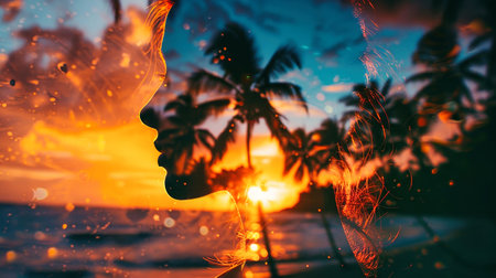 A silhouette of a womans profile, framed against the vibrant backdrop of a sunset on a tropical beach. The image evokes a sense of tranquility and peace.の素材