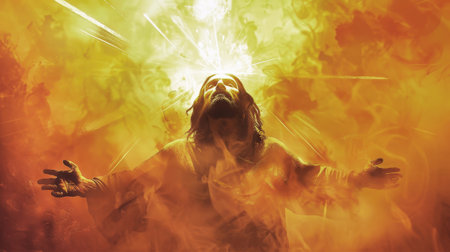 A depiction of Jesus Christ, his face turned upwards towards a celestial light, radiating golden energy.の素材