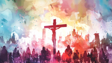 A digital painting depicting Jesus Christ on the cross amidst a modern cityscape, surrounded by a crowd of people. The image uses a vibrant watercolor style, emphasizing the dramatic contrast between the divine and the human.の素材