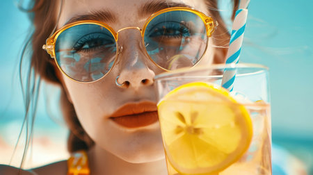 A close-up portrait of a woman wearing sunglasses, enjoying a refreshing drink on a sunny day at the beach.の素材