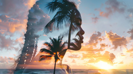 A woman stands on a beach, her silhouette merging with palm trees and a vibrant sunset sky.の素材