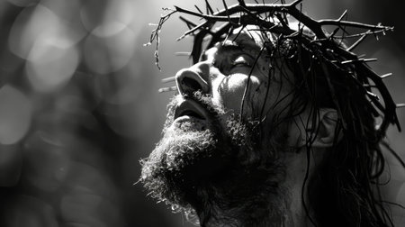 A black and white photograph capturing the dramatic visage of Jesus Christ, adorned with a crown of thorns, looking upwards with an expression of pain and hope.の素材