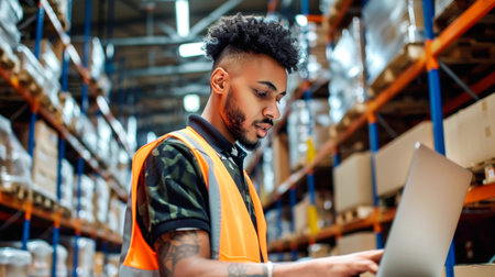 A warehouse worker wearing a safety vest and using a laptop to check inventory, standing in a busy warehouse with shelves filled with boxes.の素材