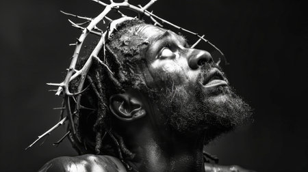 A black and white portrait of a man with dreadlocks and a beard, wearing a crown of thorns, looking up towards the sky.の素材