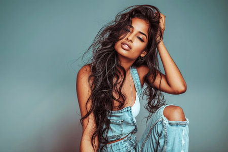 An Indian woman with long, dark hair poses in a blue denim overall against a soft blue background. She gazes serenely at the camera with a gentle expression.の素材