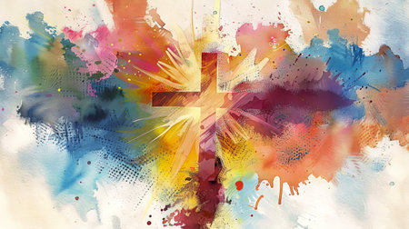 A watercolor painting depicting a cross against a background of vibrant, colorful splatters.の素材