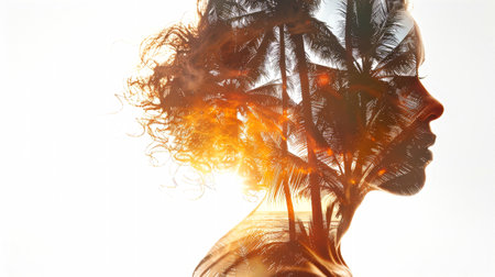 A silhouette of a woman with curly hair on a tropical beach, with palm trees superimposed over her profile and a sun setting in the distance.の素材