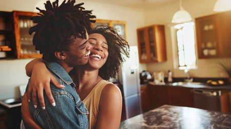 A joyful young couple celebrates their new homeownership in their kitchen, radiating happiness and excitement for their future together.の素材