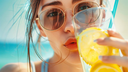 A woman wearing sunglasses on a beach holds a glass of lemonade, enjoying the summer sun.の素材