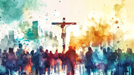 A watercolor painting depicting Jesus on the cross, surrounded by a silhouetted crowd. The background features a cityscape with a colorful and ethereal quality.の素材