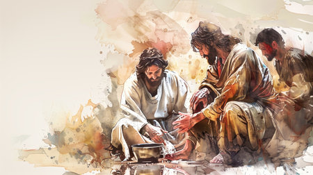 A watercolor painting depicting Jesus washing the feet of one of his disciples, symbolizing humility and service.の素材