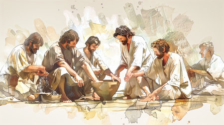 A watercolor illustration depicting Jesus kneeling and washing the feet of his disciples, demonstrating humility and service.の素材