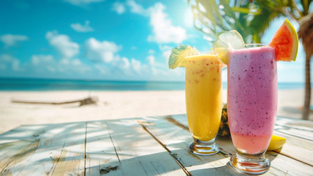 Two colorful smoothies on a wooden table overlooking a pristine tropical beach, perfect for enjoying a relaxing vacation.の素材