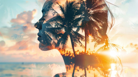 A silhouette of a woman standing on a beach, with palm trees and the setting sun in the background.の素材