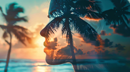 A womans profile silhouette is superimposed on a tropical sunset scene, with palm trees and a beach in the background.の素材