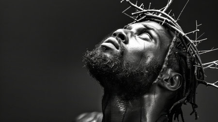 A black and white portrait of Jesus Christ with a crown of thorns, gazing upward.の素材