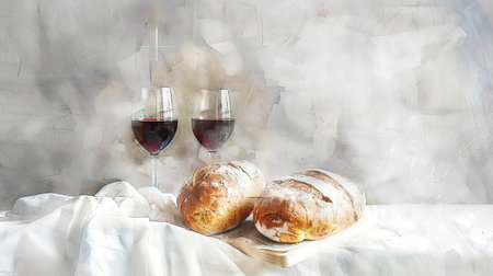 Two glasses of red wine, two loaves of bread, and a white linen cloth on a rustic backdrop.の素材