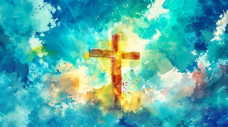 A watercolor painting depicting a wooden cross silhouetted against a colorful sky, filled with brushstrokes and splashes of blue, yellow, and white paint.の素材