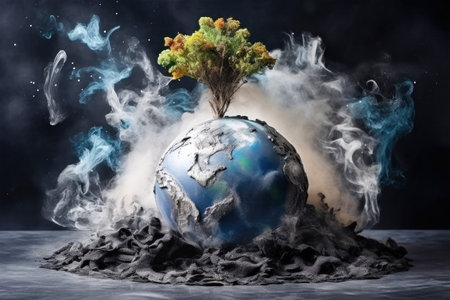 A small tree struggles to survive on a smoldering Earth, engulfed in smoke and ash, a stark reminder of the devastating environmental catastrophe.の素材