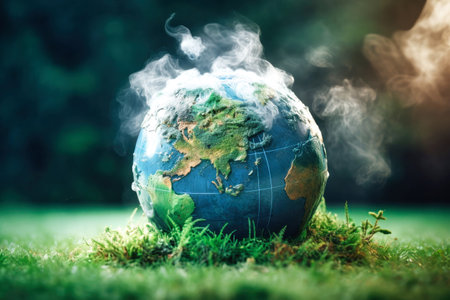 A globe, engulfed in smoke, sits precariously on a bed of green grass, symbolizing the dire consequences of environmental neglect.の素材