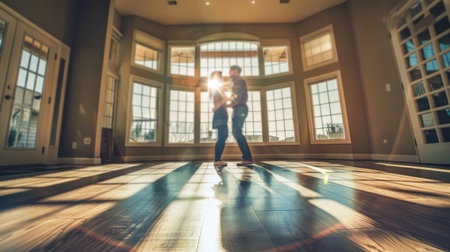 A young couple stands in their new home, embracing each other as sunlight streams through the large windows.の素材
