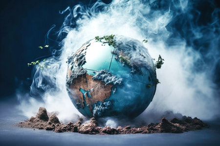 A globe, shrouded in smoke and dust, represents the devastating consequences of environmental catastrophe.の素材