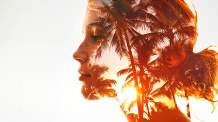 A womans profile is silhouetted against a bright sunset sky, with palm trees overlaid on her face and hair. The image creates a surreal, dreamlike effect.の素材