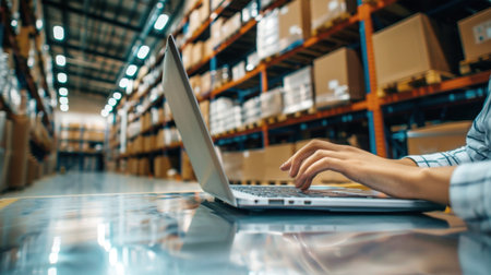 A warehouse worker diligently types on a laptop, surrounded by towering shelves filled with packages. The scene depicts the modern evolution of logistics and the integration of technology in the workplace.の素材