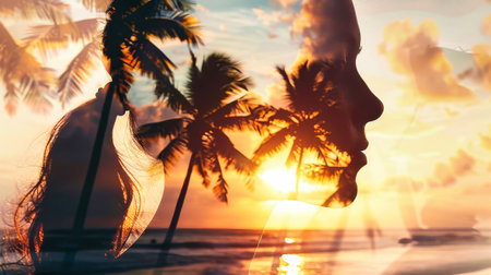 A womans silhouette is partially obscured by palm trees, standing against the backdrop of a golden sunset over a tropical beach.の素材