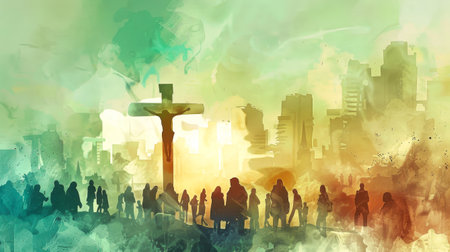 A watercolor painting depicting Jesus on the cross against a backdrop of a modern city skyline. Silhouettes of people watch the scene unfold in the distance.の素材