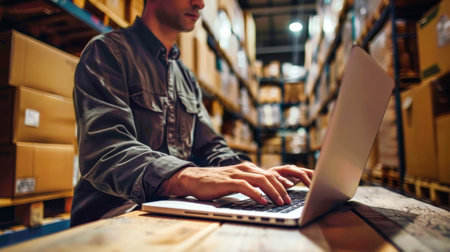 A warehouse worker diligently types on a laptop, verifying inventory levels surrounded by towering stacks of cardboard boxes in a dimly lit warehouse setting.の素材