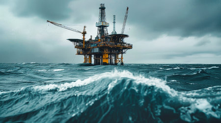 An oil and gas production platform stands tall in the midst of choppy waves, under a stormy sky.の素材