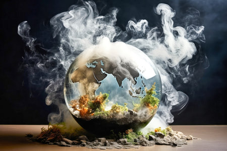 A glass globe depicting the Earth is enveloped in smoke, symbolizing the environmental crisis facing our planet.の素材