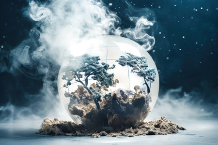 A glass globe representing Earth sits amidst a swirling cloud of smoke, highlighting the environmental devastation facing our planet.の素材