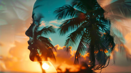 A womans silhouette stands on a beach, her form blending with the vibrant orange sunset and lush palm trees in the background.の素材
