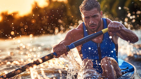 A determined rower propels his boat through the water, leaving a trail of shimmering droplets in his wake. The golden light of the setting sun casts a warm glow over the scene.の素材