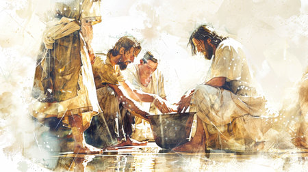 A painting depicting Jesus washing the feet of his disciples, symbolizing humility and service. The scene is filled with a soft, warm light, emphasizing the sacredness of the moment.の素材