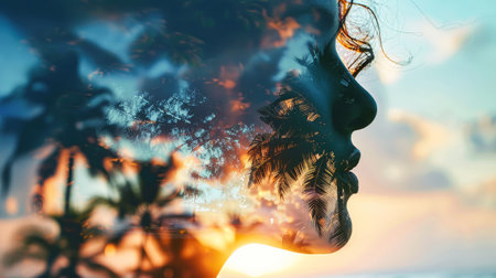 A double exposure photograph of a woman on a beach at sunset, with palm trees overlapping her silhouette.の素材