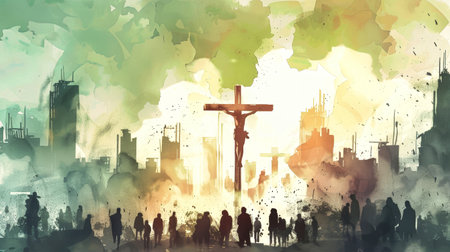 A watercolor painting depicting Jesus Christ on the cross, standing tall amidst the ruins of a city. Silhouetted figures look on, symbolizing faith and hope in a world of devastation.の素材