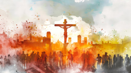 A watercolor painting depicting Jesus Christ on the cross in front of a city skyline, with a crowd of people gathered below.の素材