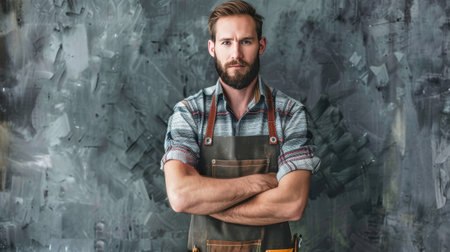 Young man in plaid shirt and leather apron, arms crossed, looks determined before the camera, indicating expertise in craftsmanship.の素材