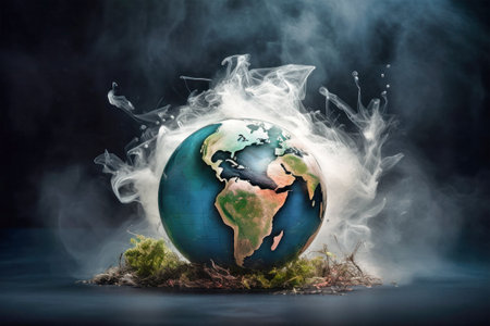 A small globe, symbolizing Earth, is enveloped in swirling smoke and mist, representing the devastating effects of an environmental catastrophe.の素材