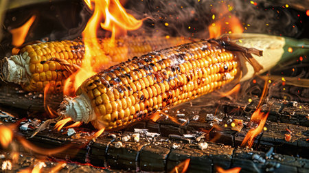 A close-up image of a roasted corn cob, still warm from the fire, resting on a bed of embers. The flames lick at the corn, adding a smoky flavor to the kernels.の素材