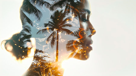 A womans profile is overlaid with a palm tree and sunset on a tropical beach. The image creates a sense of calm and serenity.の素材