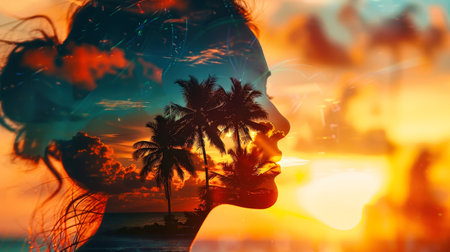 A womans silhouette blends seamlessly with a vibrant sunset over a tranquil beach.の素材